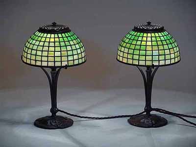 A  PAIR OF 8" GEOMETRIC TIFFANY LAMPS                                                                                 LAMPS