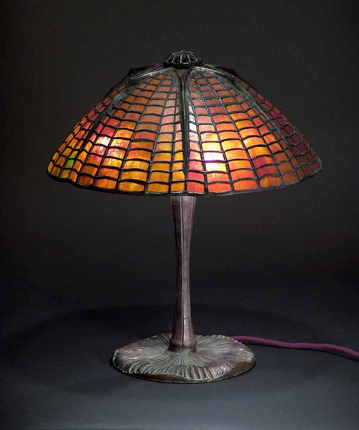 Leaded Glass and Bronze 15" Spider and Web Tiffany Lamp #1424