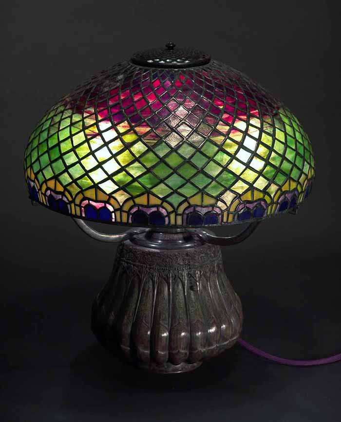 LEADED GLASS AND BRONZE PEACOCK TIFFANY LAMP #1428