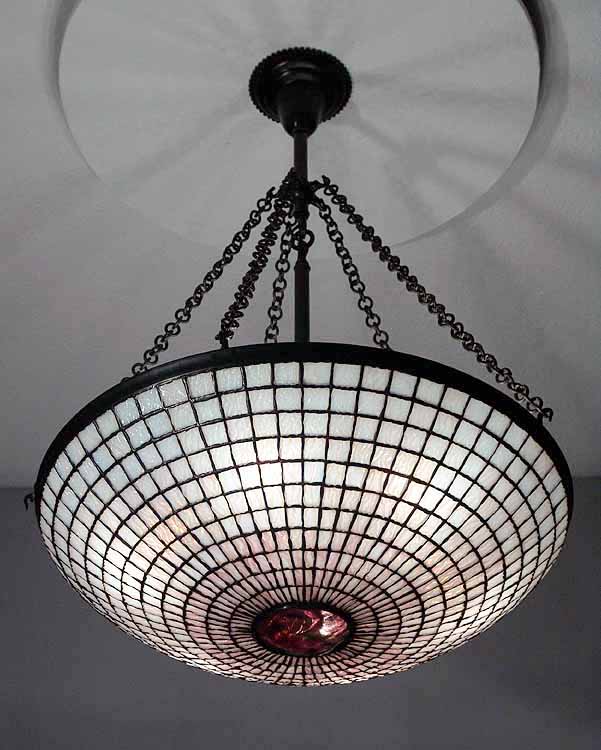 24" Parasol leaded glass and Bronze Tiffany Chandelier #1520 with glass Turtleback tile centerpiece