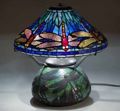 16" Dragonfly Tiffany lamp on glass mosaic urn lamp base