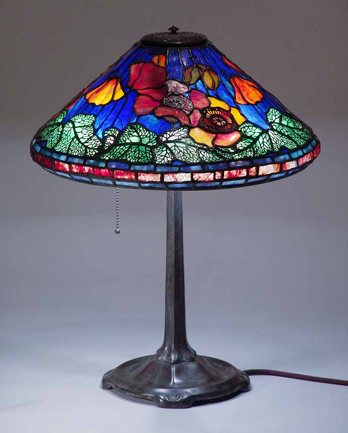 16"POPPY LEADED GLASS AND BRONZE TIFFANY LAMP #1461