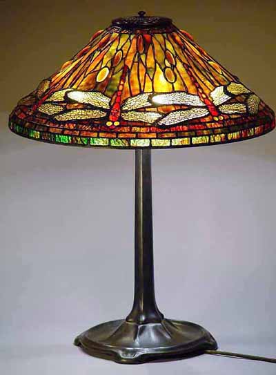 20" Dragonfly cone Tiffany table lamp on a large Stick bronze base