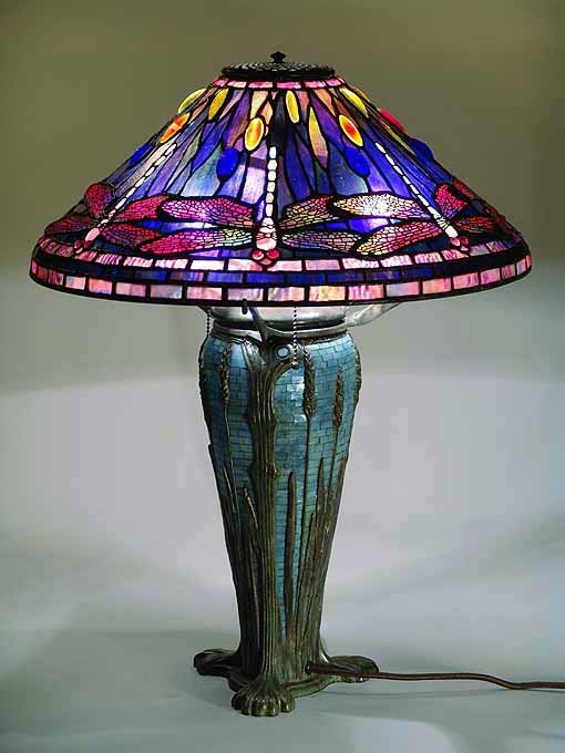 20" Dragonfly  leaded glass and bronze Tiffany lamp #1495 &  Wheat Mosaic urn #151