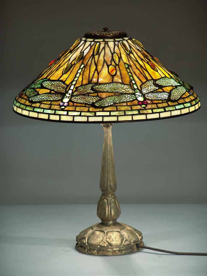 20" Dragonfly Tiffany lamp #1495 Gold Dore` & Mock Turtle bronze base #587 Gold Dore