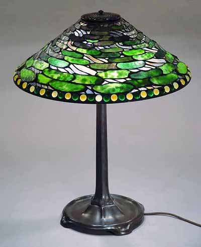 20" Lily Pad Tiffany Table lamp on a large stick bronze cast lamp base