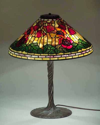 20" Poppy Tiffany table lamp on twisted vine bronze lamp base