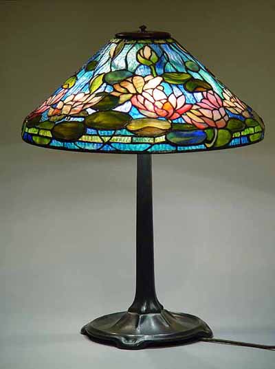 20" Waterlily leaded glass Lamp on a Stick Bronze base Design ot Tiffany Studios New York