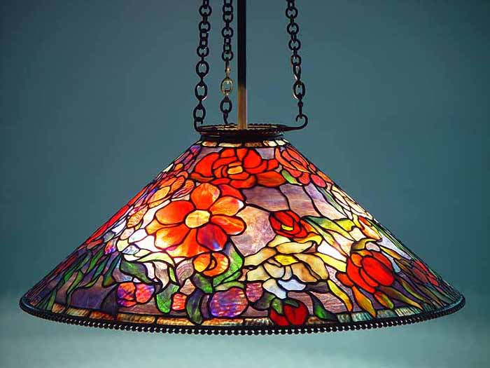 28 In Peony Cone Tiffany leaded Glass and Bronze Chandelier No.603