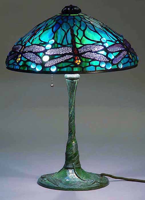 14" Dragonfly Tiffany Lamp #1585 on Glass Mosaic bronze base #356