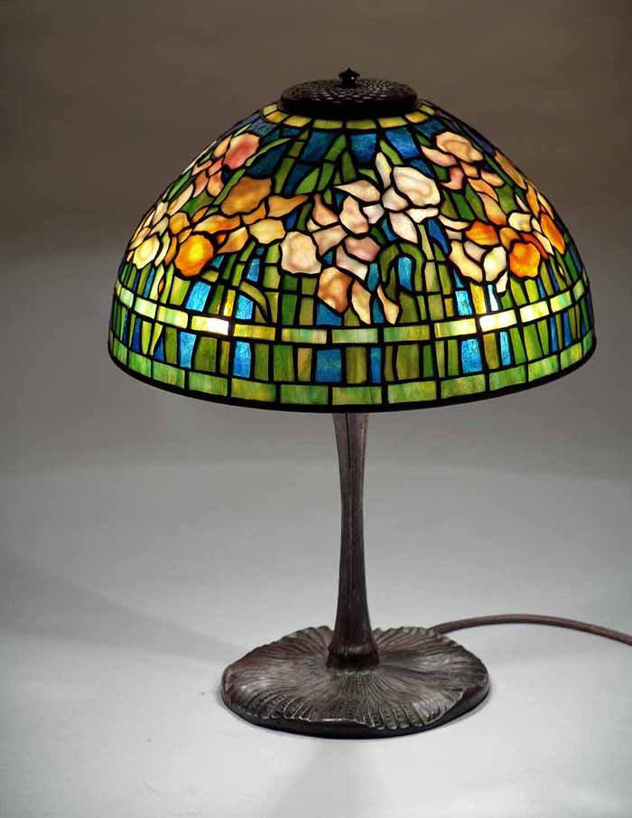 14 In Daffodil on blue Tiffany lamp No. 1426 & Mushroom Bronze lamp base