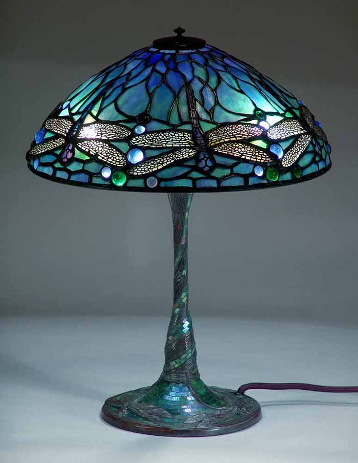 14" Dragonfly Tiffany Lamp #1585 on Dragonfly glass mosaic bronze Tiffany lamp base
