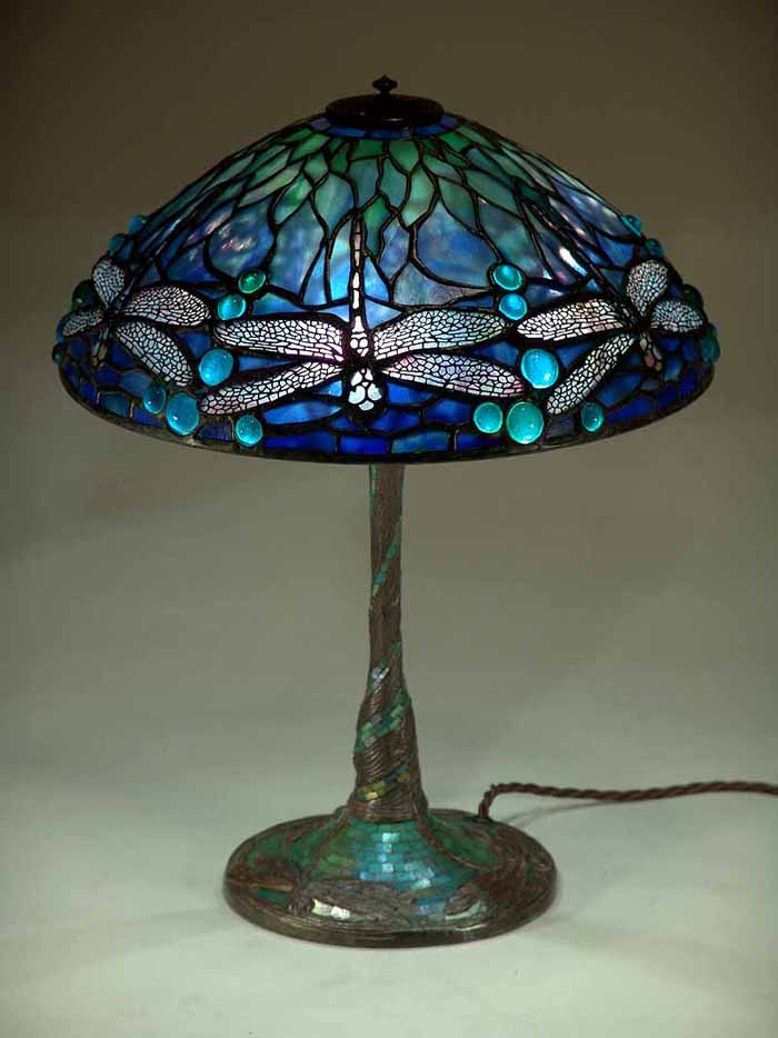 14" Dragonfly Tiffany Lamp #1585 on Glass Mosaic bronze base #356