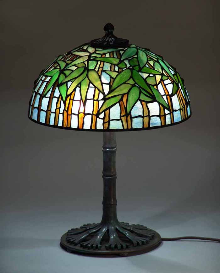 16" Bamboo (bluish grey) leaded glass and bronze Tiffany Lamp #1443