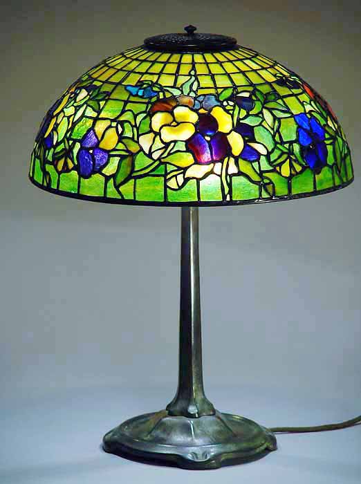 16" Pansy (on Gold) leaded glass and bronze Tiffany Lamp #1448 & Stick Bronze base # 533
