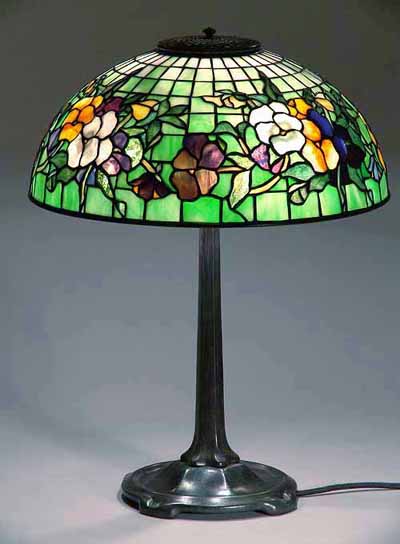 16" Pansy Tiffany lamp on a small Stick bronze cast lamp base