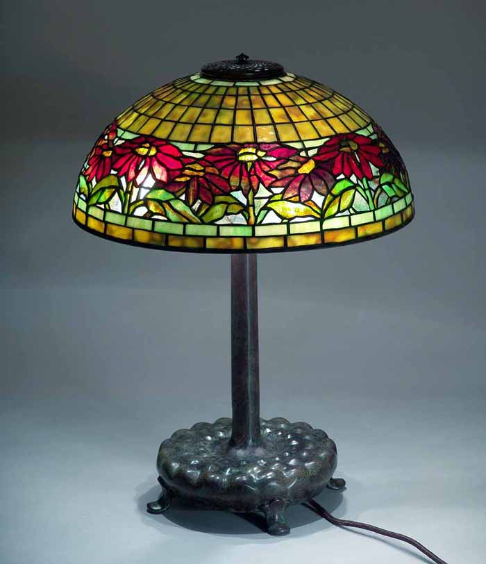 16" Poinsettia leaded glass and bronze Tiffany lamp #1557
