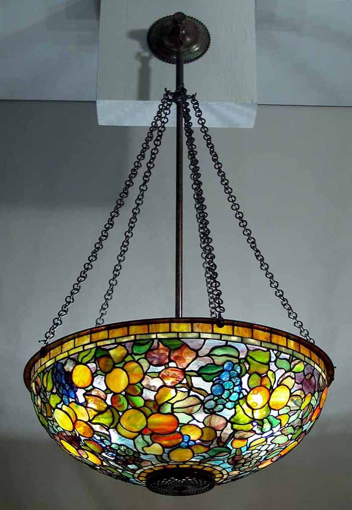 The 24" FRUIT pastel colored leaded glass and bronze chandelier. #1519 Design of Tiffany Studios NY