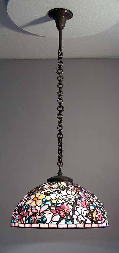 20" Magnolia Leaded Glass and Bronze Tiffany hanging Lamp