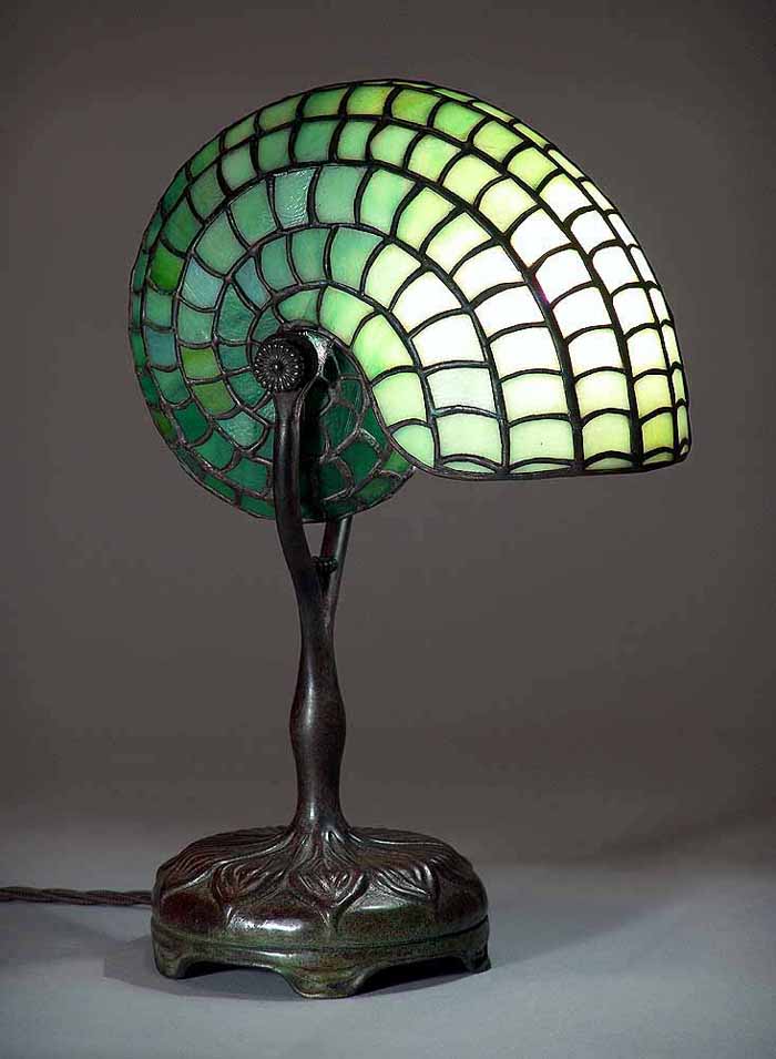 Nautilus Tiffany lamp. Leaded Glass shade with bronze Base leaf design #401