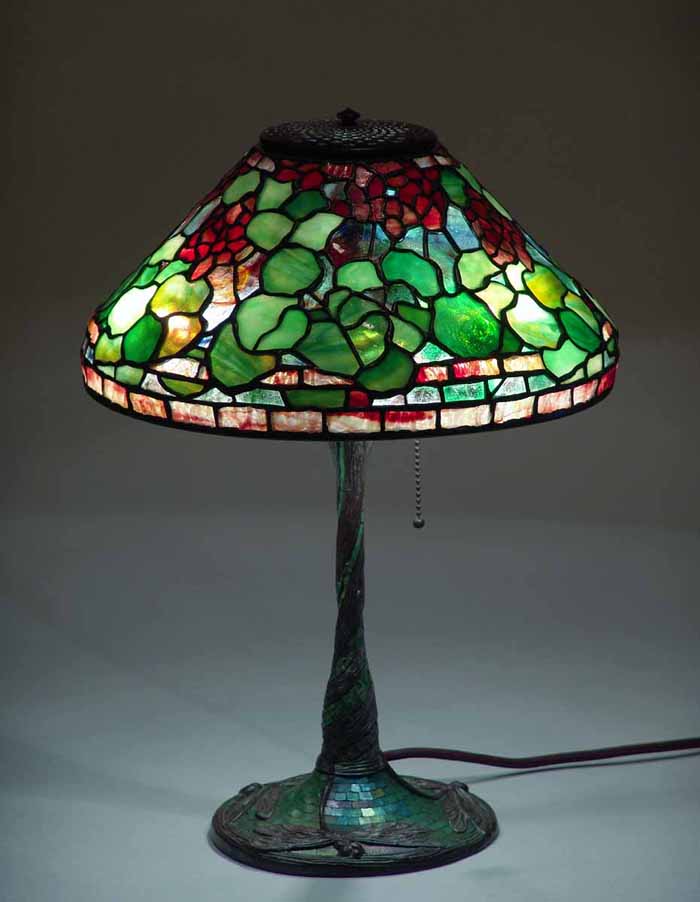 14" Geranium Tiffany Lamp #1562 on Dragonfly bronze and glass mosaic lamp base #356
