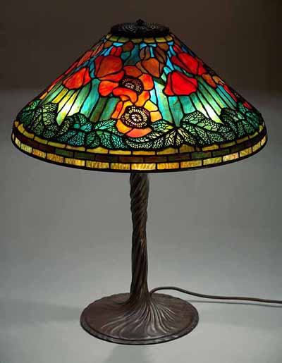 20" Poppy cone Tiffany table lamp on a twisted vine bronze base