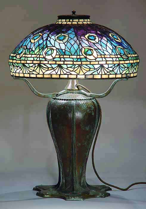 18" Peacock leaded Glass Tiffany Lamp #1472 and Peakock bronze urn base #1455
