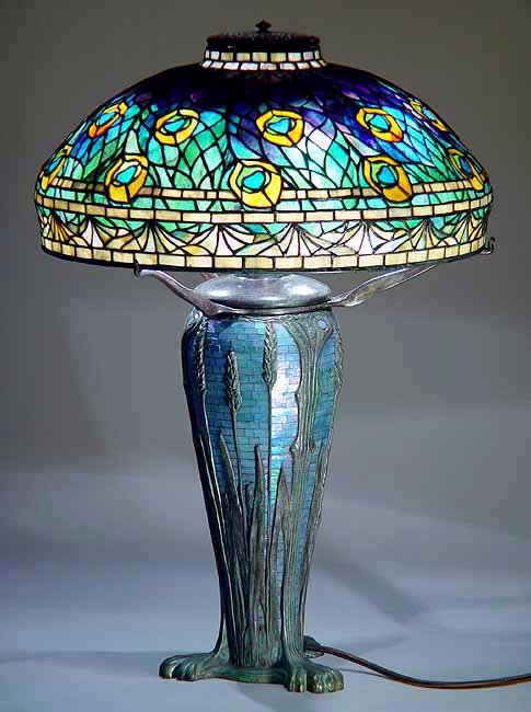 18" Peacock Tiffany Lamp #1472  & Wheat Glass Mosaic Urn  #151