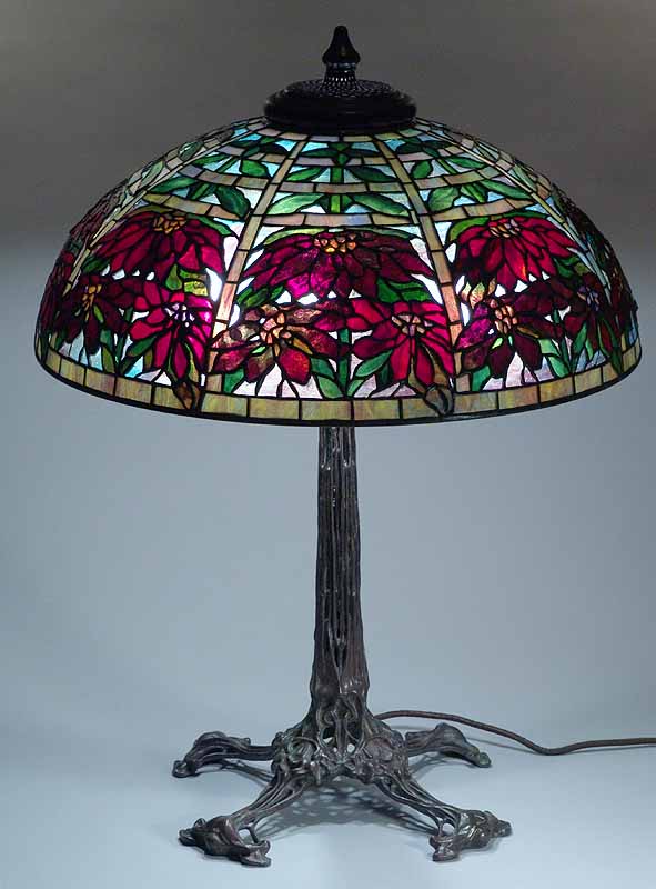 Tiffany Lamp Shade: DOUBLE POINSETTIA # 1551 & Bronze Lamp Base  BIRD SCELTON  # 442
